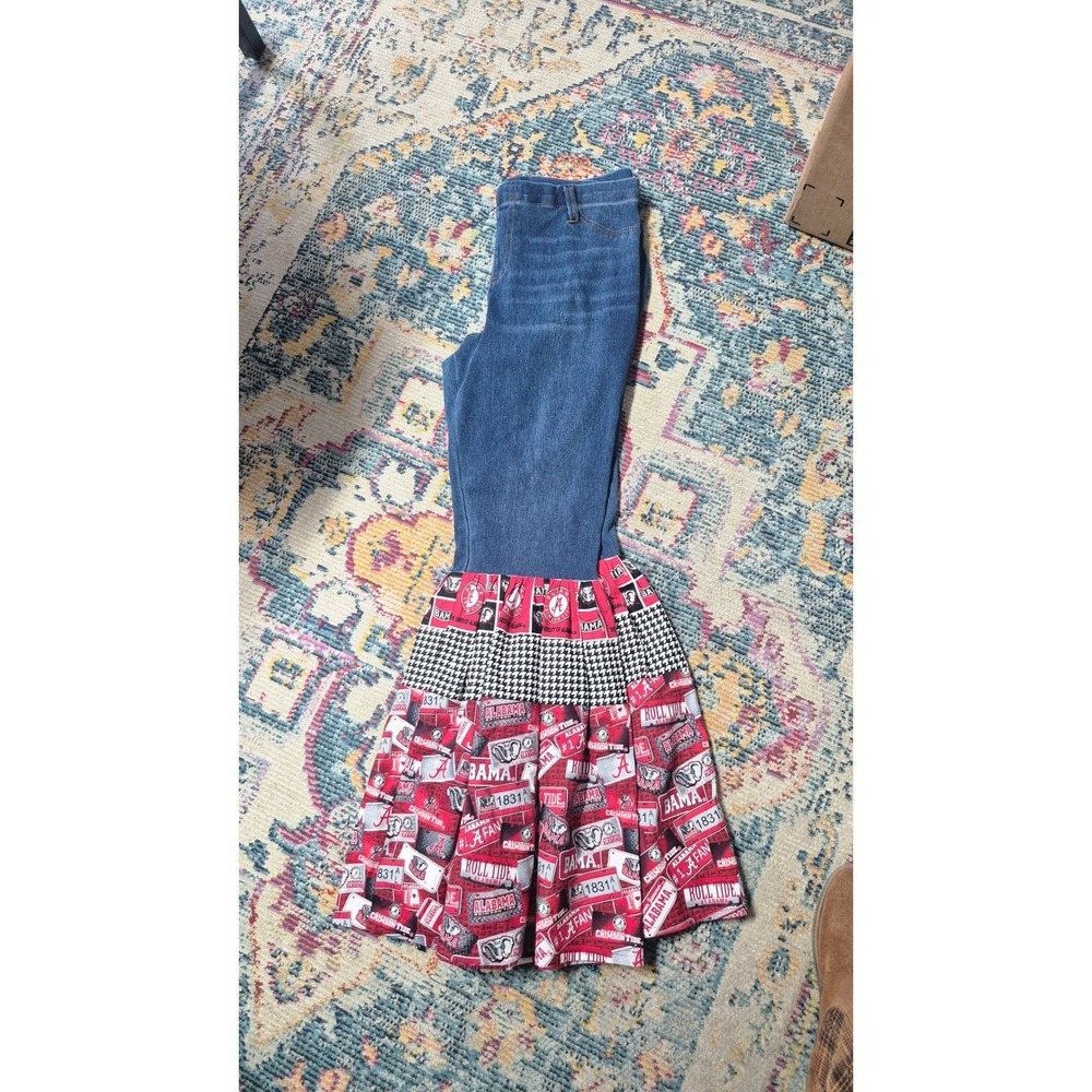 Roll Tide Alabama‎ Crimson Tide Ruffle Hem Denim Jeans Upcycled Fan Pants LG 12 - Picture 2 of 16